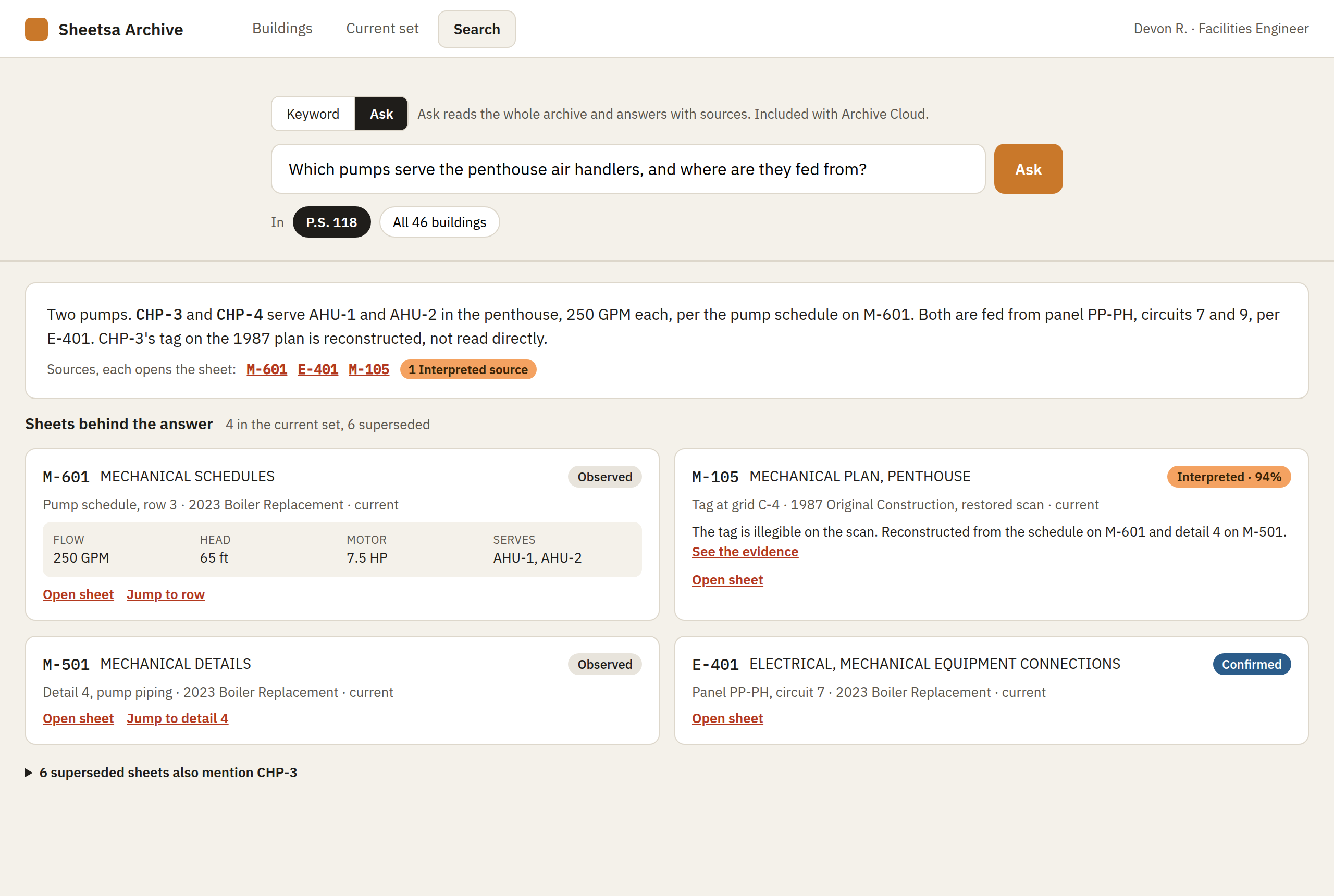 Design preview of Archive Pro's search screen: a question about which pumps serve the penthouse air handlers, answered with the sheets it came from, each marked with its read state.