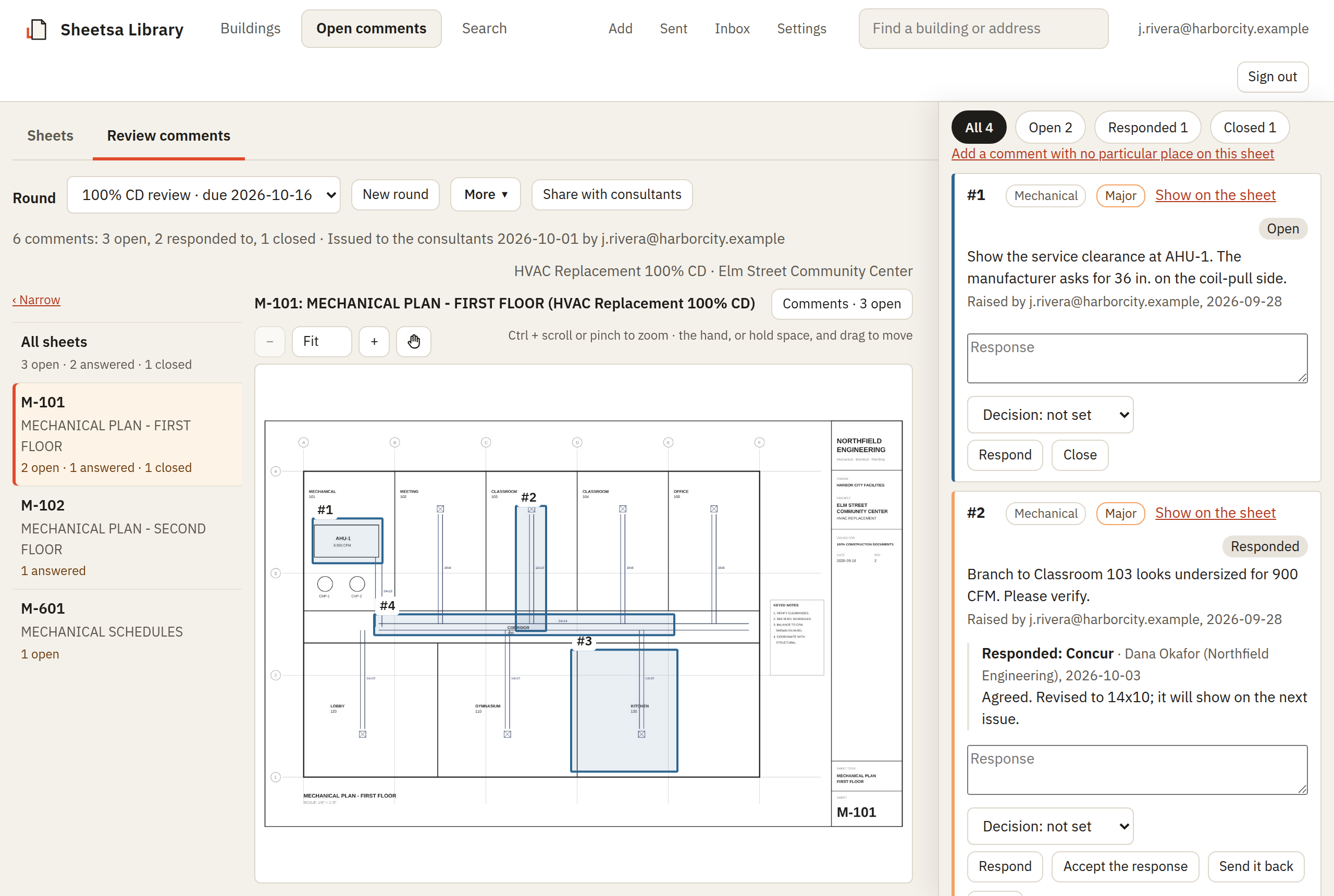 The Review comments screen: a mechanical floor plan with numbered comment boxes, the set's sheets on the left, and the comments on the right, one answered by the consultant with Concur and ready to accept or send back.